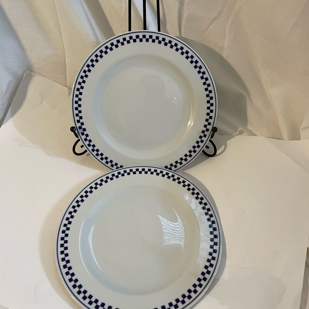 Set of 2 PORCELLANE TOGNANA ITALY BLUE CHECKERED RIM Salad Plates.8.25”